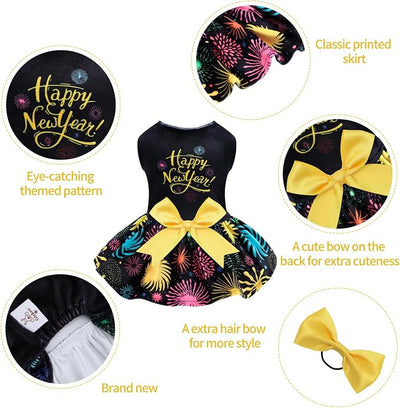CuteBone Happy New Year Dog Dresses Velvet Holiday Small Dogs Clothes Onesie Pet Apparel Girl Puppy Skirt with Bow Hair Rope