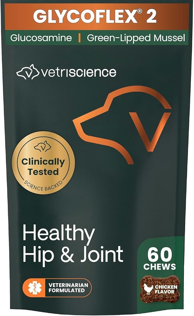 VetriScience Healthy Hip & Joint Chews, GlycoFlex Glucosamine and Green-Lipped Mussel Mobility Support Supplement for Dogs, Promote Play and Protect Joints, Chicken, 60 Count