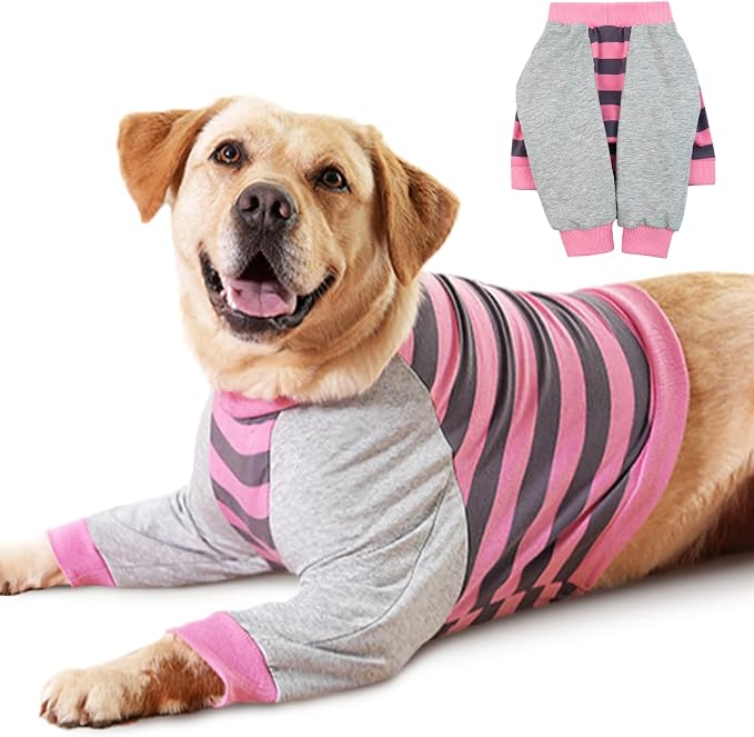 Dog Recovery Sleeve with Elbow Protector,Dogs Shirt Stop Licking Joints,Pet Long Sleeve Suit Protecting Dog's Front Leg Arm Wounds Cover Skin Conditions Pink Stripes 3XL