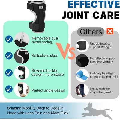 Dog Front Leg Brace with Removable Metal Springs- Adjustable Reflective Ankle Wrap for Dogs, Anti-Slip Reverse-Buckle Design Dog Splint Front Leg for Arthritis, Sprains, Injury Recovery (Black, L)