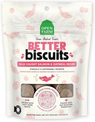 Open Farm Better Biscuits, Oven Baked Dog Treats with Probiotics, Wild-Caught Salmon & Oatmeal Recipe, 8oz Pouch