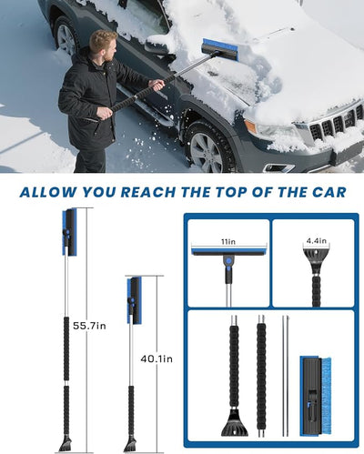 helloleiboo 2025 Extra Long 55.7" Ice Scrapers for Car Windshield Multi-Functional Detachable Car Ice Scraper with Foam Grip and 270° Pivoting Brush Head Snow Brush for SUV Truck Auto (Blue)