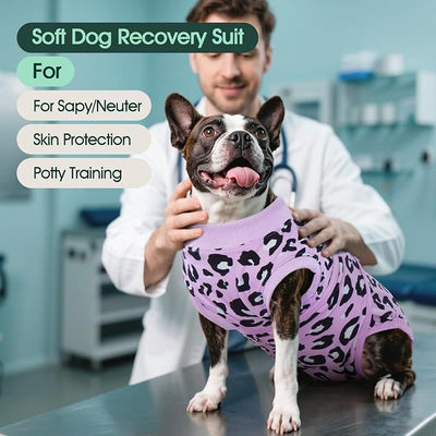 Kuoser Dog Recovery Suit for Dogs After Surgery,Professional Surgical Onesie for Female Male Dogs Spay Neuter,Soft Dog Surgery Suit Bodysuit for Abdominal Wounds Skin Disease,Purple Leopard XS
