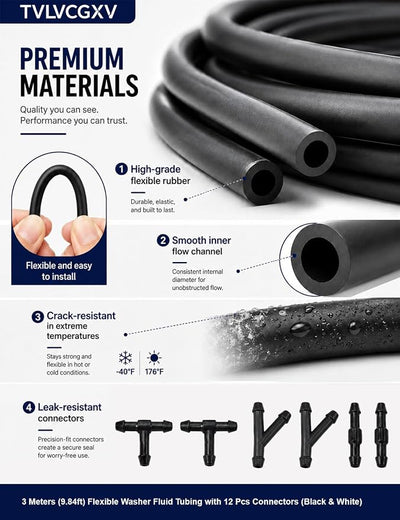 Windshield washer hose kit, 3 Meters (9.84ft) Flexible Washer Fluid Tubing with 12 Pcs Connectors (Black & White), windshield wiper hose repair kit for Cars, SUVs, Trucks