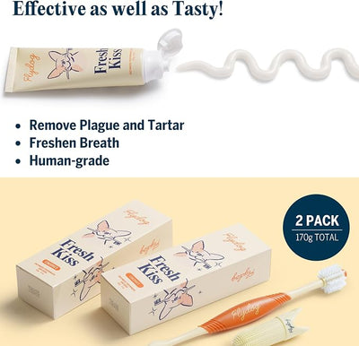 FlyDog Fresh Kiss Dog Tooth Brushing Kit - Vet Approved Formula, Enzymatic Dog Toothpaste and Brush - Breath Freshener & Tartar Remover, 360° Toothbrush & Finger Brush, Dental Guide, Coconut Flavor