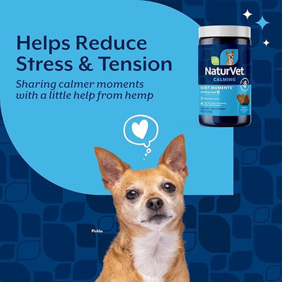 NaturVet Quiet Moments Calming Aid Dog Supplement, Helps Promote Relaxation, Reduce Stress, Storm Anxiety, Motion Sickness for Dogs (Quiet Moments Plus Hemp, 180 Soft Chews)