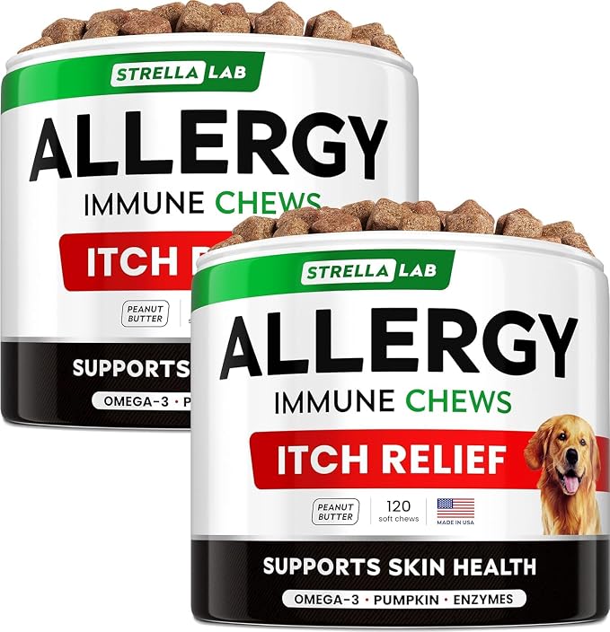 Dog Allergy Relief & Anti Itch Support Chews w/Omega 3: Real Ingredients, Real Taste! Skin & Coat Immune Supplement w/Fish Oil, Pumpkin & Enzymes - Made in USA - 240 Chews