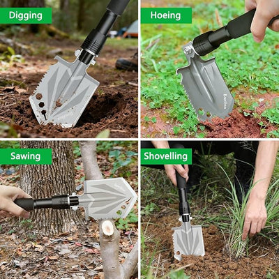 Foldable Camping Shovel - 14.6" High Carbon Steel Portable Multitool Entrenching Tool for Backpacking, Hiking, Survival & Car Emergency - Lightweight & Rustproof