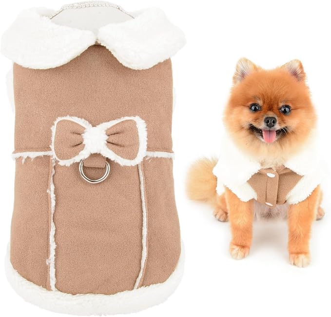 SMALLLEE_LUCKY_STORE Fleece Dog Coat for Small Dog Pet Harness Jacket with Bow and D-Ring, Soft Vest Fall Winter Clothes with Fuzzy Collar Chihuahua Yorkie Cat Apparel, Khaki, XS