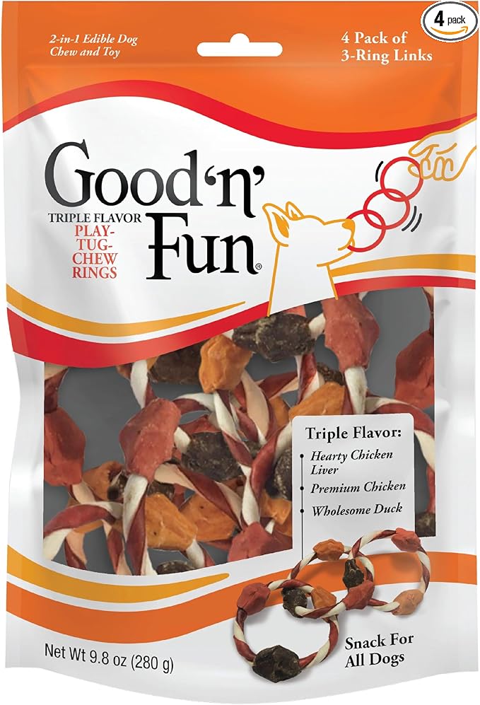 Good ’n’ Fun Triple Flavor Play-Tug-Chew Rings 4 Count, Snack For All Dogs