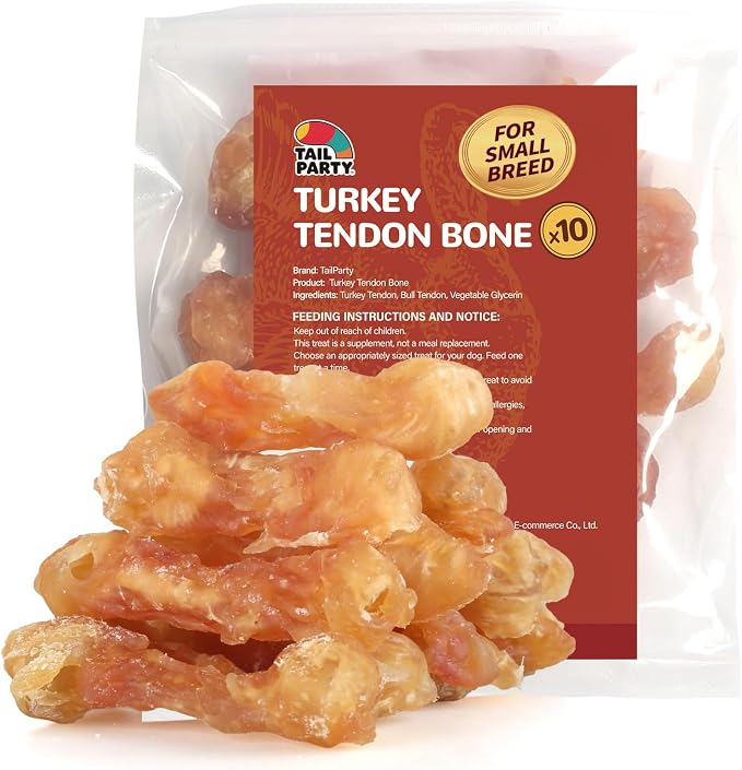 TailParty Turkey Tendons for Dogs (Bone, S, 4.23 oz), All Natural Dental Chews for Small Dogs, Rawhide Alternative, Long-Lasting Training-Reward Treats for Health-Conscious Pet Owners(10/Pack)