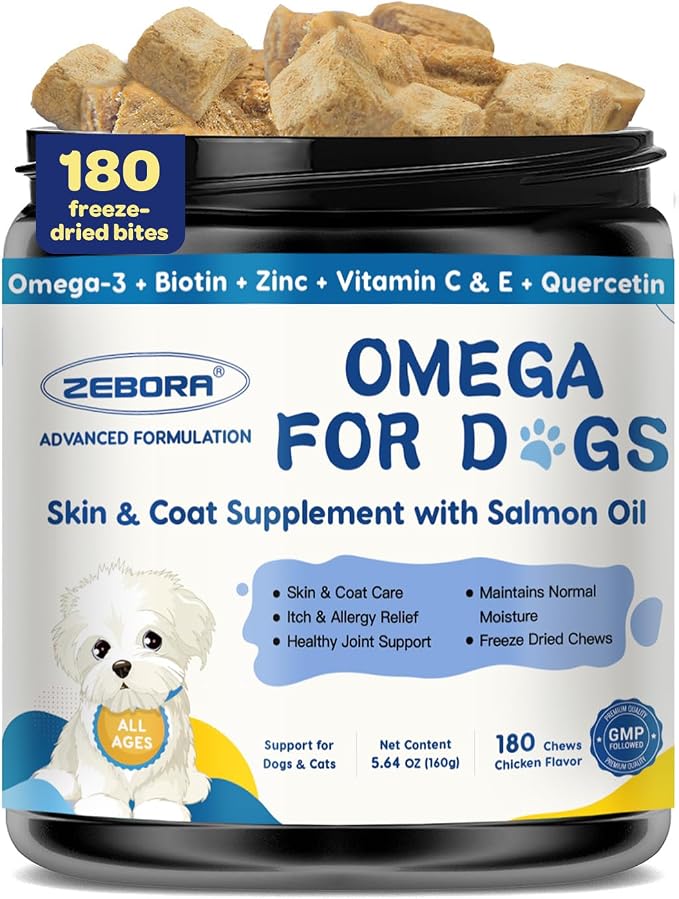 Salmon Oil for Dogs, Omega 3 Fish Oil for Dogs Skin and Coat with EPA & DHA, Zinc, Biotin, Quercetin, Vitamin C & E for Dog Allergy Relief, Hot Spot Treatment, Control Dog Shedding, 180 Chews