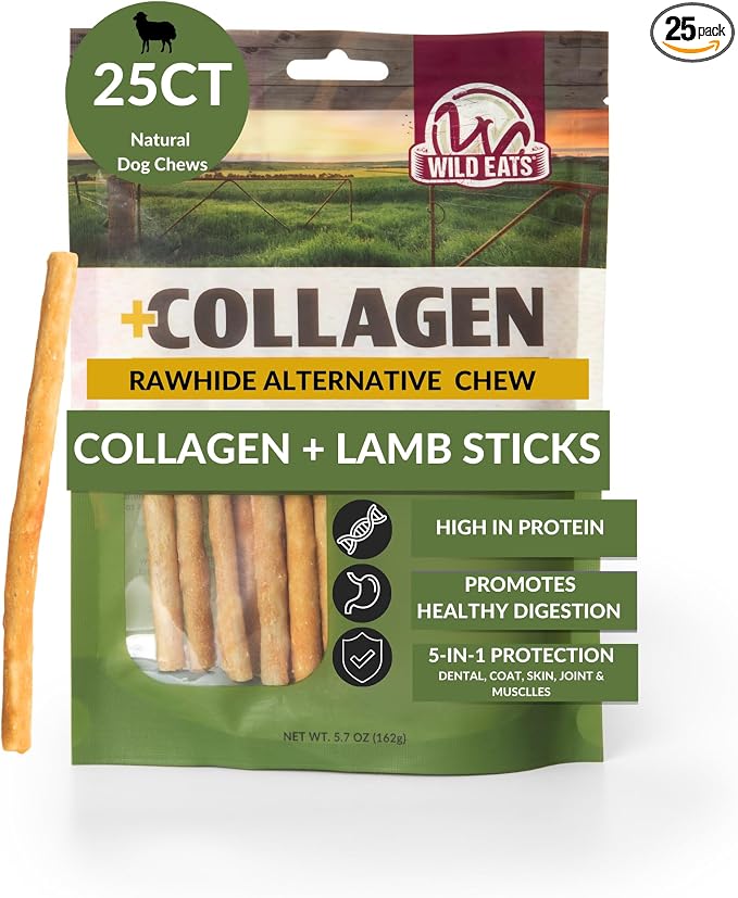 Lamb Collagen Sticks for Dogs (25 Pack, 0.6 cm Wide) Long Lasting Dog Chews No Hide Dog Treat Bully Stick Alternative, Rawhide Free, Grain Free, High Protein