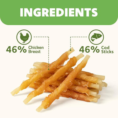 MON2SUN Dog Treats, 4.5-4.7 Inch Chicken Wrapped Codfish Sticks, Soft Chewy Training Treats for Small Dogs, Low-Fat Rawhide-Free Chews, 8.82 oz (25 Count)