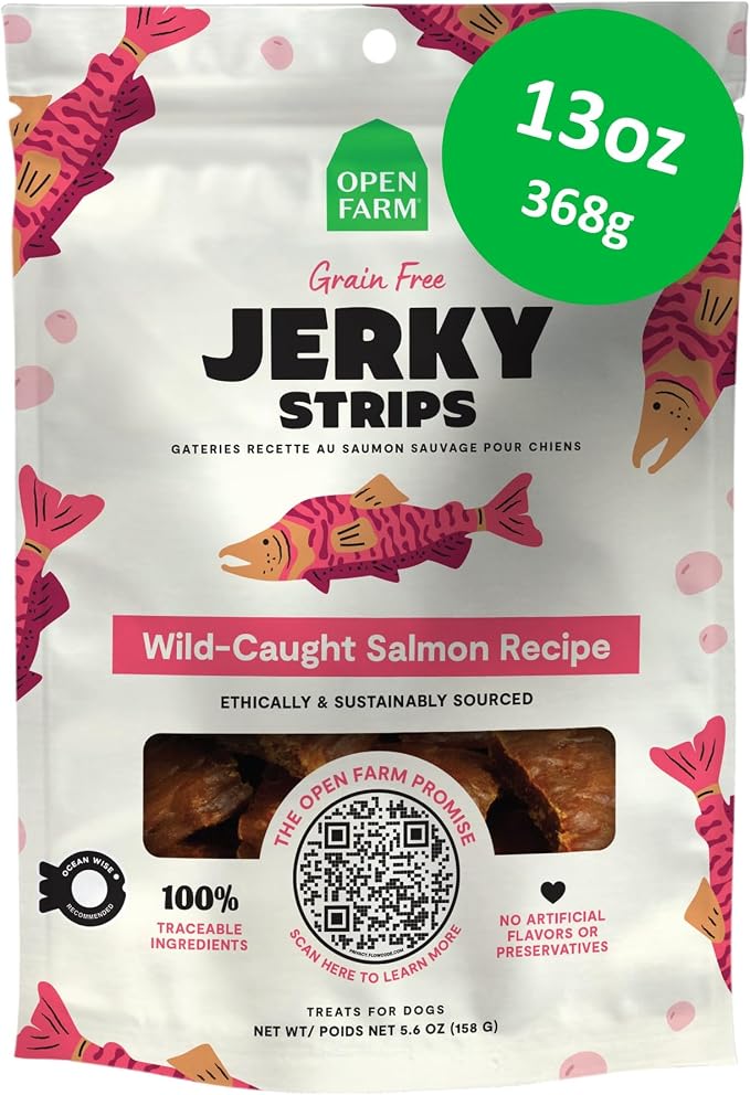 Dog Jerky Treats, Soft & Chewy Oven-Baked Jerky Strips Made with Ethically & Sustainably Sourced Ingredients, Protein Packed Dog Treats, Grain Free Wild Caught Salmon Recipe,13oz Pouch