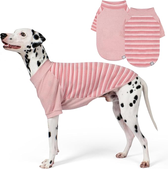 2Pack Waffle Dog Shirt with Sleeves, Lightweight Dog T Shirts for Medium Large Dogs Girl, Breathable Pet Tee Shirts Soft Dogs Clothes for Daily Wear, Pink+Striped, 2XL