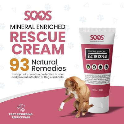 Soos Pets Pet Rescue Cream for Dogs and Cats | Natural Dead Sea Mineral Enriched | Fast Absorbing Reduce Pain | Topical Treatment of Injuries Cuts Sores Wounds Scratches damaged skin - 50ml