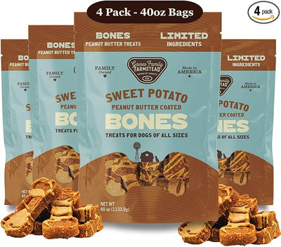 Gaines Family Farmstead Peanut Butter Coated Sweet Potato Dog Bones, 4 pack - 40 oz Bags, Grain-Free, Chewy, Natural Dog Treats for Digestion, Skin, Energy & Immunity – Limited Ingredient, Made in USA