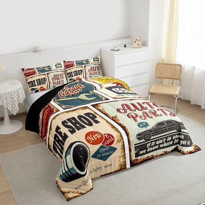 Vintage Car Signs Comforter Set For Boys, Automobile Pattern Down Comforter, Repair Vehicle Garage Bedding Set Twin Size For Kids Girls Teens, Classics Servicing Duvet Insert Bedroom Decor