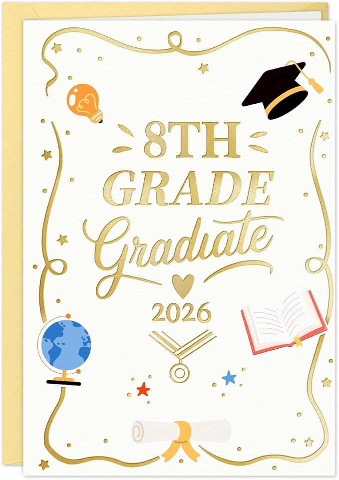 8th Grade Graduation Card - 2026 Gold Foil Middle School Promotion Card with Envelope Grad Gift for Her Him Boys Girls Son Daughter Granddaughter Grandson(5.5x8 Inch)