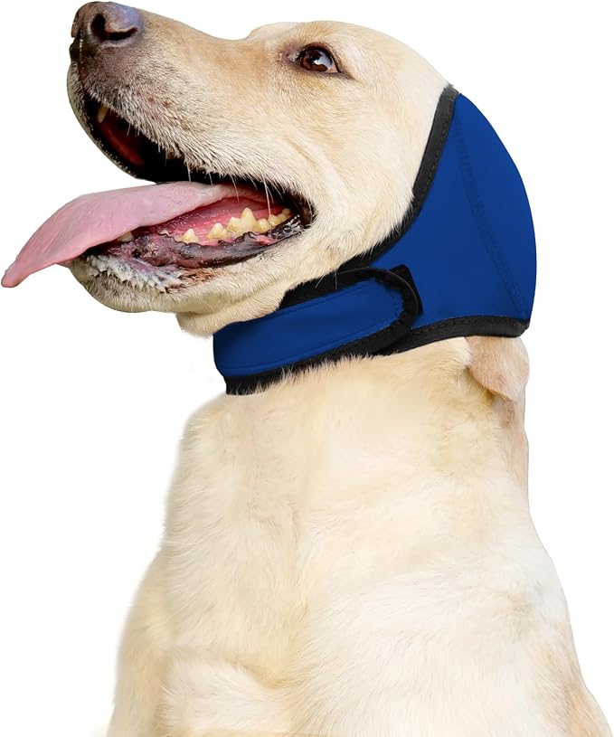 JOHNBOLIN Dog Ear Muffs & No Shake Ear Wrap for Hematoma, Bathing, Drying & Noise Anxiety Relief - Elastic Waterproof Ear Protector with Calming Hoodie Design for Grooming (Blue, L)