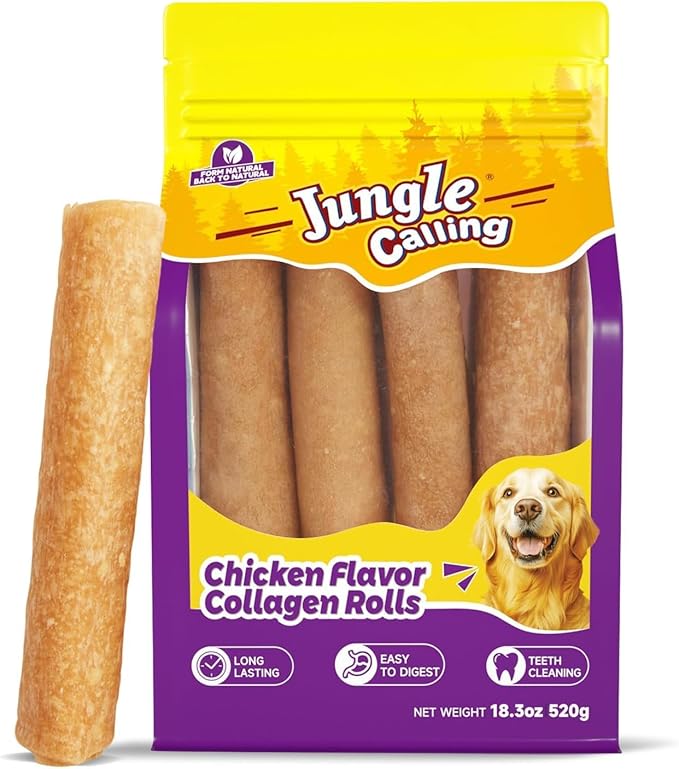 18.3 oz Collagen Rolls for Dogs, 7 Inch Long Lasting Dog Treats, Chicken Flavor Rawhide Alternative, Digestible Chew Bones for Medium and Large Dogs, 4 Count