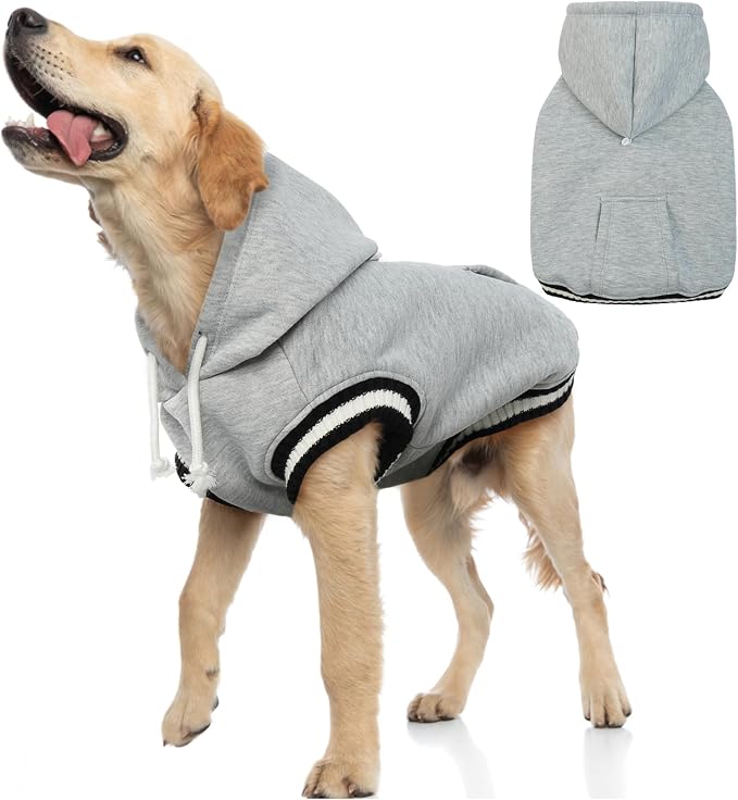 FUAMEY Dog Hoodie, Winter Dog Fleece Sweaters Pet Warm Sweatshirt with Pocket, Soft Warm Christmas Outfit Puppy Vest with Leash Hole for Small, Medium, Large Dogs Grey