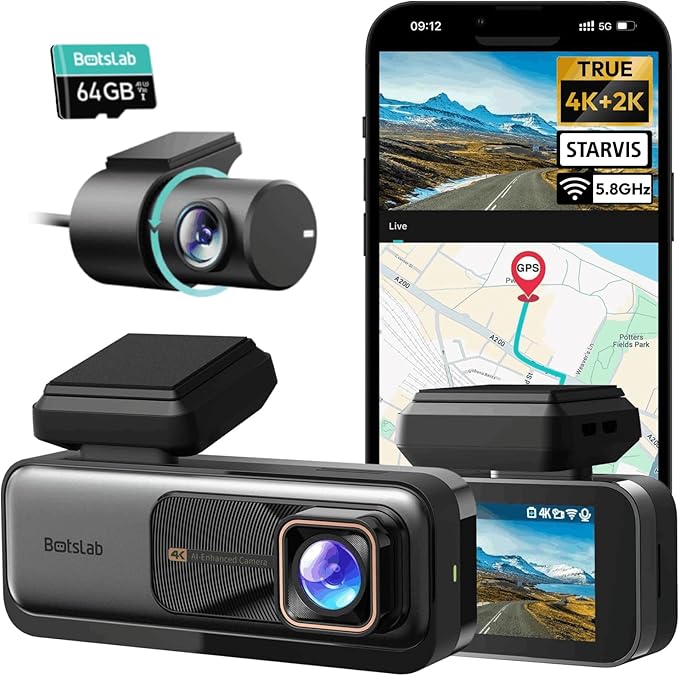 BOTSLAB 4K Dash Cam Front and Rear[2026 Upgraded], 64GB SD Card Included, STARVIS Sensor, 170° Ultra Wide 4K+2K Dashcam with ADAS, Night Vision, 24/7 Parking Mode, WDR, 5.8GHz WiFi, GPS,Loop Recording