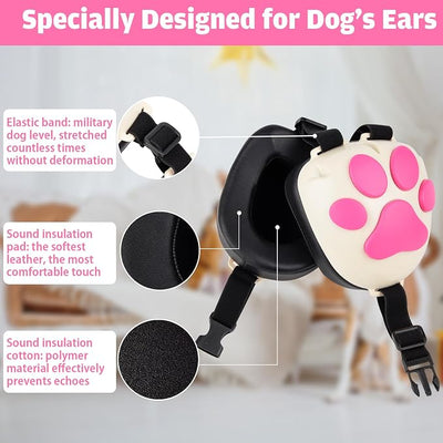 Upgraded Dog Ear Muffs for Noise Protection - 22dB NRR Noise Cancelling Headphones with Dog Paw Design, Calming Earmuffs for Thunder, Fireworks & Hunting (L, White-Pink)