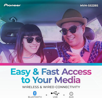 Pioneer MVH-S522BS 1-Din Digital Media Receiver – Bluetooth, SiriusXM, Color Change, USB, FLAC, Voice Control, 50W x 4 Output, 13-Band EQ, AM/FM Radio, iPhone/Android Compatible, Hi-Volt RCA Preouts