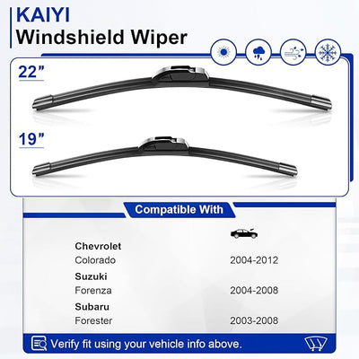 KAIYI 22" + 19" Windshield Wipers Compatible with Chevrolet Colorado 2004-2012,Suzuki Forenza 2004-2008,Subaru Forester 2003-2008 Premium Automotive Replacement Windshield Wiper Blades 2 Pack