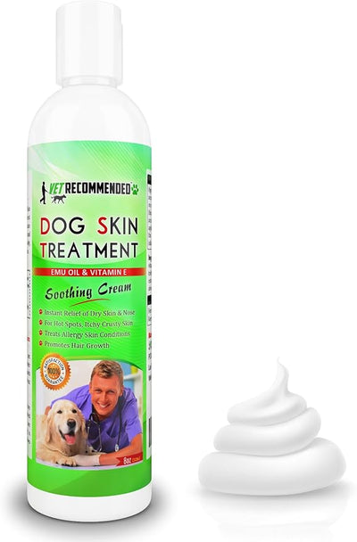 Vet Recommended Dog Dry Skin Cream & Moisturizer - Helps Dog Hair Loss Regrowth - Dry Nose & Cracked Paws - Works with Hot Spots for Dogs - 240ml (8 Oz)