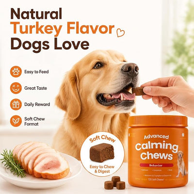 Calming Chews for Dogs, Turkey Flavor Dog Anxiety & Stress Relief Supplement for Relaxation, Composure and Separation Support, Calming Treats Soft Chews for Daily Use, 120 Count