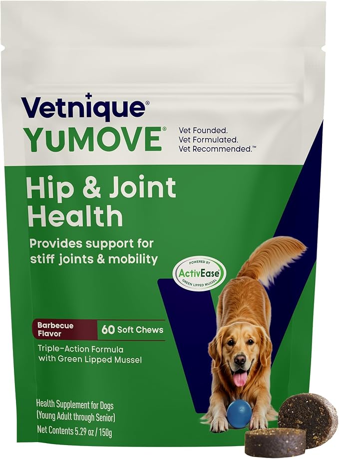 Adult Dog Hip & Joint Chew ActivEase Green Lipped Mussel, Glucosamine for Dogs, Hyaluronic Acid & Omega 3, Vet Formulated Mobility Support (60ct Chews, Regular Strength)
