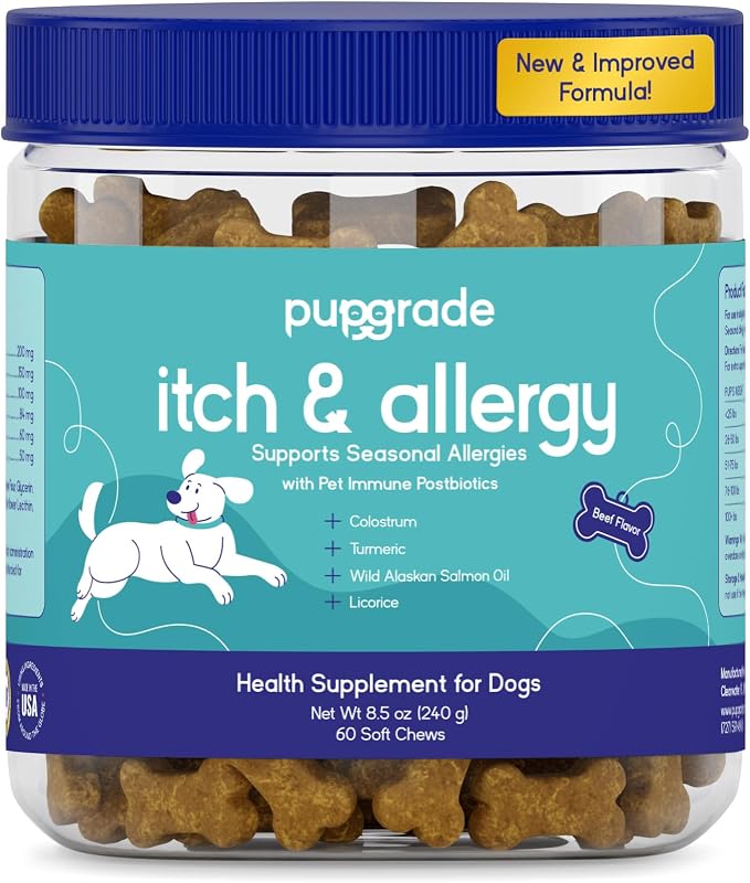 Itch & Allergy Soft Chews for Dogs – Helps Reduce Occasional Itching – Skin & Coat Support Supplement with Pet Immune Postbiotics & Salmon Oil – Probiotic Immune & Gut Support – 60 Count