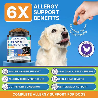 Dog Allergy Relief Chews, Dog Allergy Chews, 200 Treats with Probiotics & Omega 3 Fish Oil, Itchy Skin Relief, Immune Support, Paw Licking, Itchy Ears, Scratching, Seasonal Allergies, Chicken Flavor