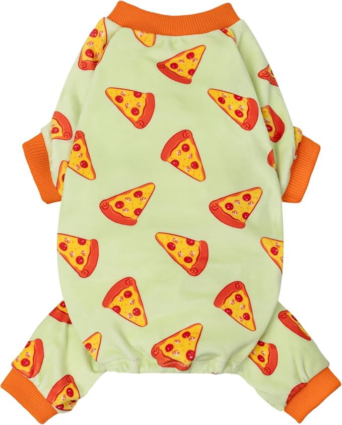 Fitwarm Pizza Dog Fleece Pajamas, Funny Cozy Clothes for Small Dogs Boy Girl, Soft Pet Onesie, Light Green, Orange, XL