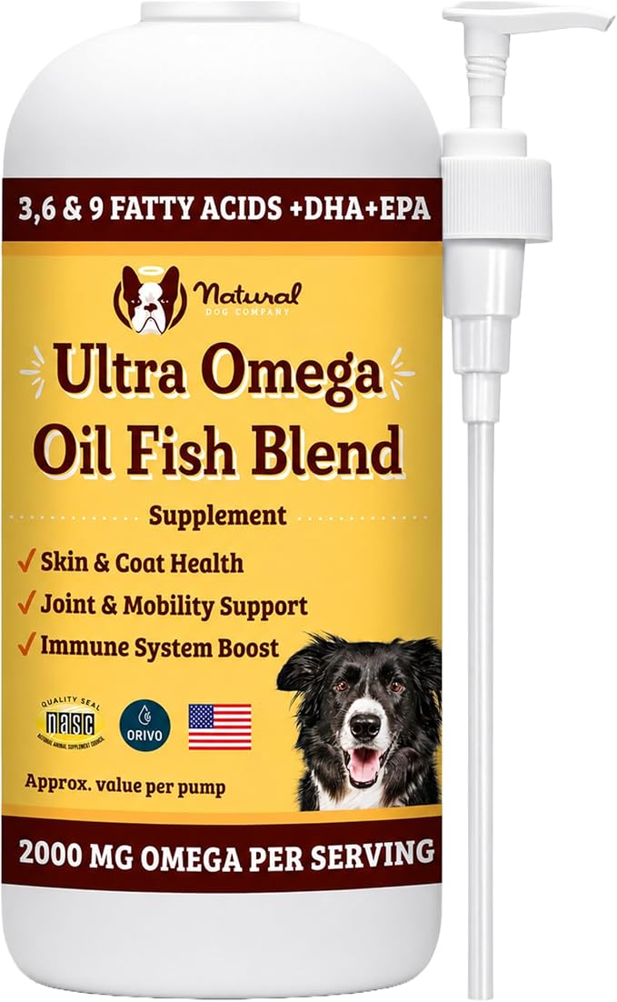 Ultra Omega Oil for Dogs a 2000 MG Omega 3, 6, 9 with Salmon, Pollock & Flaxseed Oil, EPA & DHA, Dog Supplement for Skin, Coat, Joints, Allergy & Itch Relief, Dog Fish Oil 16oz