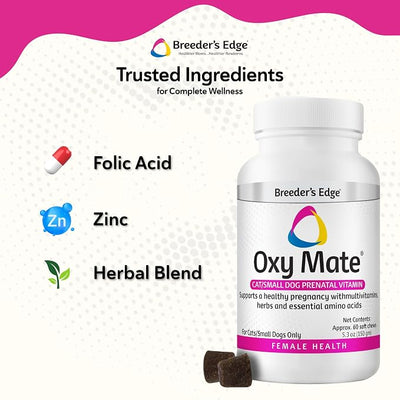 Breeder's Edge Oxy Mate Dog & Cat Prenatal Vitamins, Comprehensive Supplement for Pregnant Dogs and Cats Enriched with Essential Nutrients for Healthy Moms & Litters, Soft Chews - 60ct Small Dog & Cat