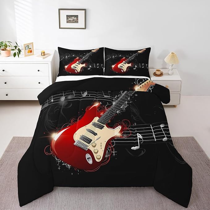 Erosebridal Guitar Comforter Set, Teens Musical Note Duvet Sets King Size, Music Themed Hip Hop Bedding Set for Kids Boys Youth Adult, Black Lightweight Luxury Down Comforter with 2 Pillow Cases