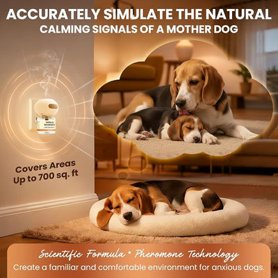 Dog Pheromones Calming Diffuser to Calm Dogs 4 IN 1 Kit (2 Diffusers+2 Refills) Pheromone Plug In for Stress Barking Pee Accidents Chewing Aggression Separation Anxiety Relief 60 Days(Odorless)