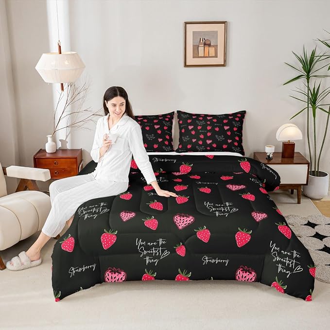 Erosebridal Kawaii Strawberry Comforter Set, Queen Size, Cute Strawberries Quilted Comforter for Kids & Adults, Soft Microfiber Bedding Set, Red & Black