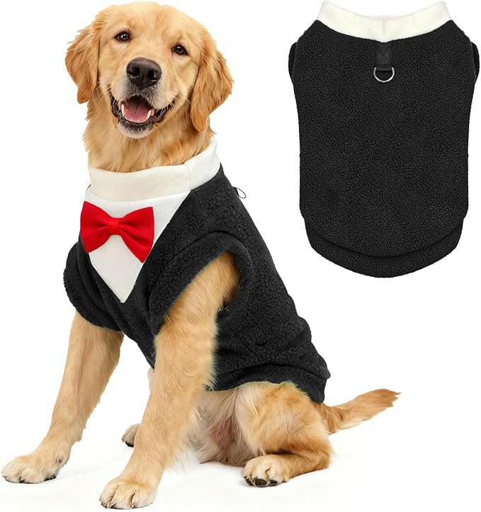 Cute Dog Fleece Sweater with D-Ring, Fall Winter Dog Clothes Tuxedo Costume with Bowtie, Soft Puppy Sweatshirt Golden Retriever Apparel Doberman Outfits for Small Medium Large Dogs(Black,7XL)