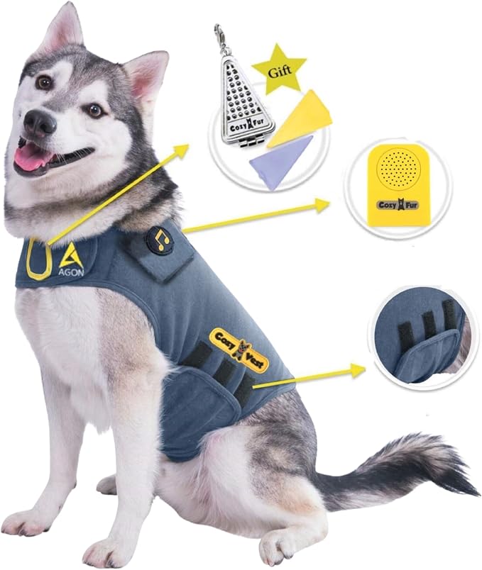 Dog Anxiety Vest 3-in-1 Music & Aromatherapy Shirt, Relaxing Sound & Essential Oil Scent Jacket, Fireworks Thunder Separation & Thunderstorm Canine Stress Relief Coat (Gray, M [26-40 Lbs])