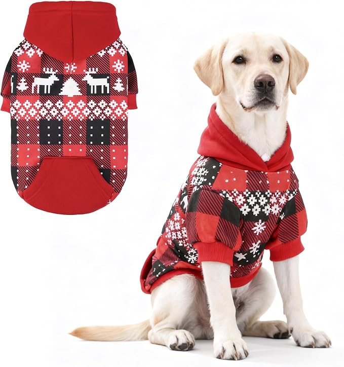 Christmas Dog Hoodie,Red Plaid Pet Clothes Sweater with Leash Hole&Pocket for Small Medium Large Dogs, Soft Winter Warm Dog Cold Weather Coat, Fleece Puppy Hooded Sweatshirt for Boys Girls, L