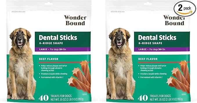 Beef Flavor Dental Sticks for Large Dogs (Over 30 lbs), 6-Ridge Shape for Plaque & Tartar Control, Freshens Breath, Formulated with Vitamin C, 40 Count (Pack of 2)