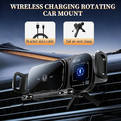 FunApricity Wireless Charging Rotating Car Mount,High Intelligent 2 in 1 Auto Rotating Phone Holder,Car Charger Fast Charging, One-Click Auto-Rotating & Clamping for Smartphone/Pad/Foldable Phone