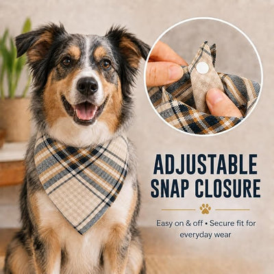 Beige & Navy Plaid Cotton Dog Bandana - Valentine Adjustable Triangular Scarf for Boys and Girls Pets, Soft & Stylish,Medium