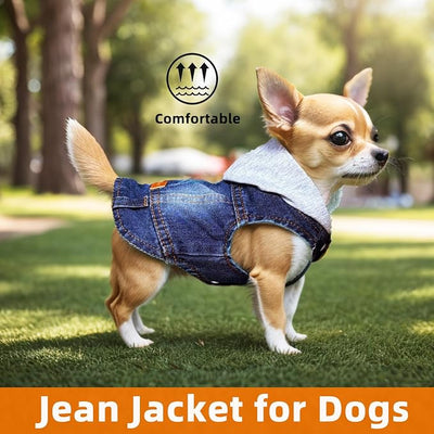 Dog Jeans Jacket with Hooded Denim Pet Coat for Puppy Small Dogs Classic Overalls Male Cat Costumes Washed Vest Clothes Outfit T-Shirts(Hoodie Medium)