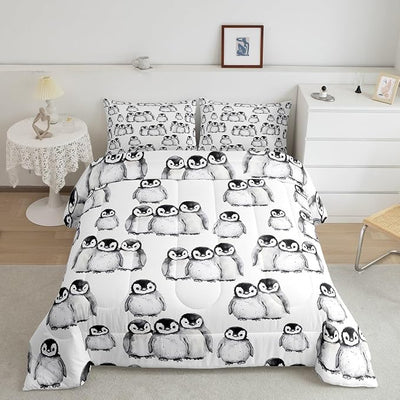 Erosebridal Penguin Comforter Set Twin Size for Kids Boys Girls Antarctic Animal Bedding Set Penguin Illustration Down Comforter Grey White and Black Cartoon Quilted Comforter with 1 Pillow Case